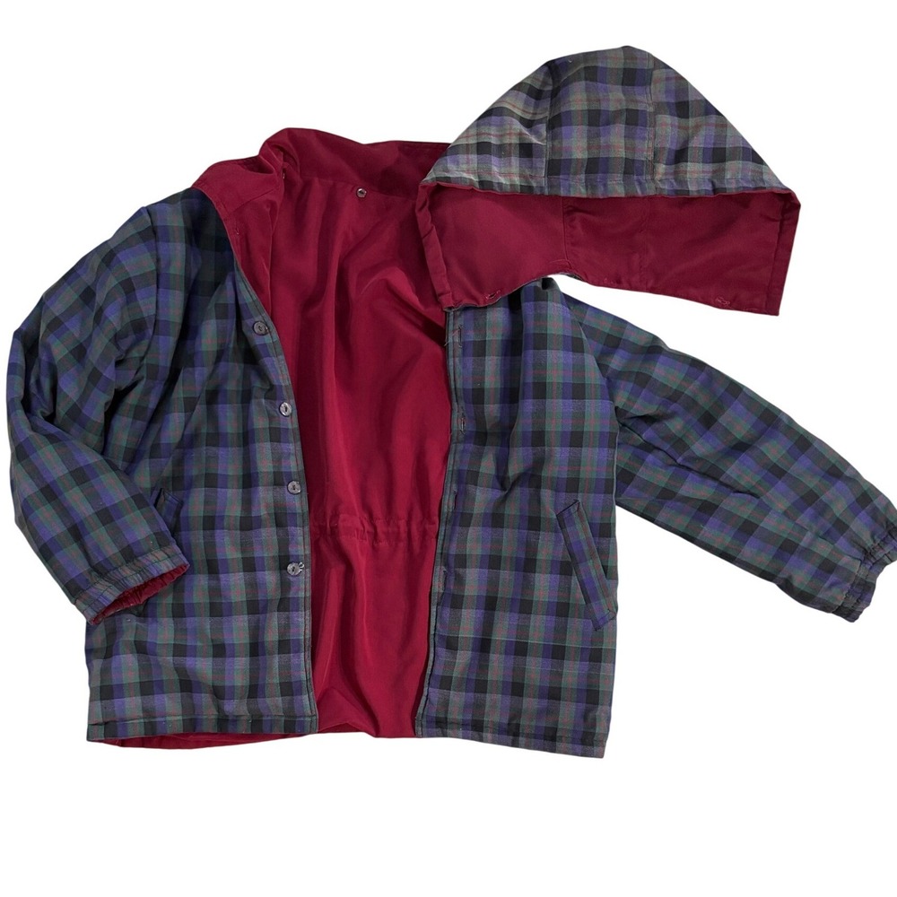 Vintage Plaid Chore Jacket Womens XL Oversized Lightweight Lined Hood Pockets - Picture 6 of 6